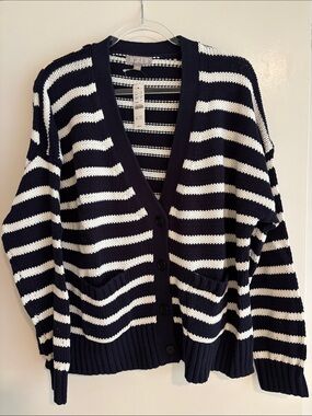J. Crew Navy & White Striped V‑Neck Button Cardigan